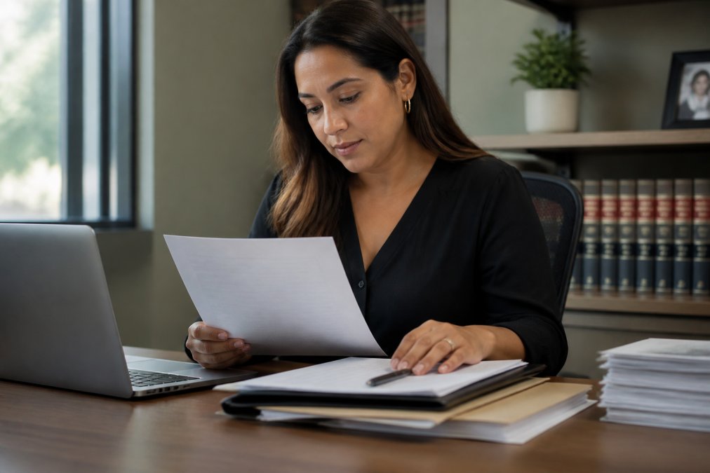 A paralegal at a desk reviewing a printed comparison table of legal service methods, with a laptop and legal documents nearby in a modern law office
