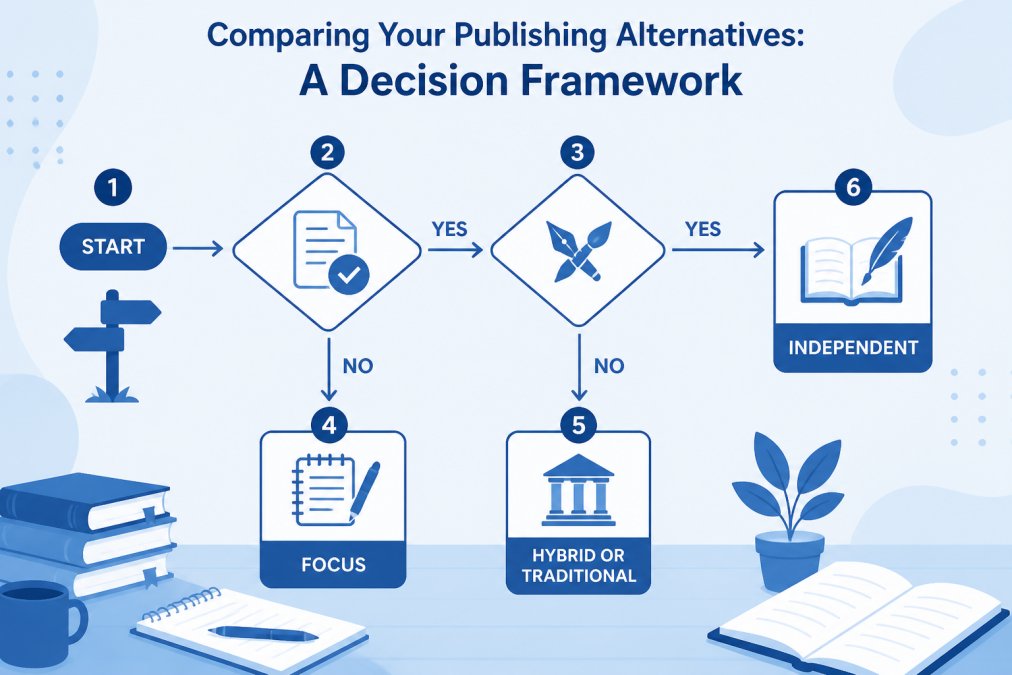 Decision tree flowchart for new authors: Start -> Do you have a complete, professionally developed manuscript? -> Yes -> Do you want full creative control? -> Yes -> Independent publishing path. No -> Hybrid or traditional submission. No -> Focus on manuscript development first