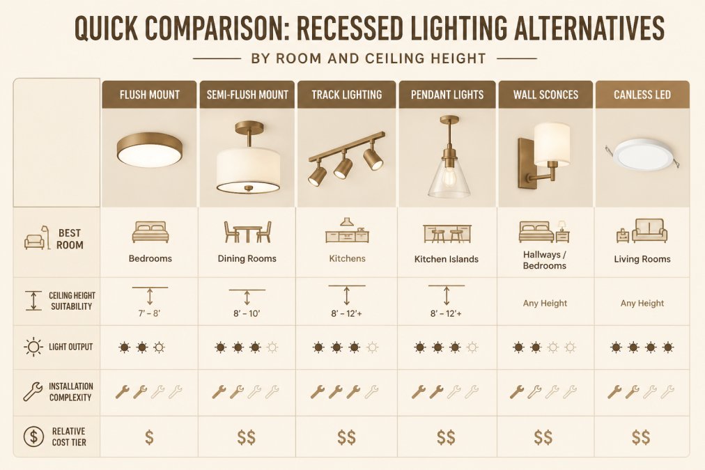 Comparison matrix showing six recessed lighting alternatives (flush mount, semi-flush mount, track lighting, pendant lights, wall sconces, canless LED) rated by best room, ceiling height suitability, light output, installation complexity, and relative cost tier $ to $$