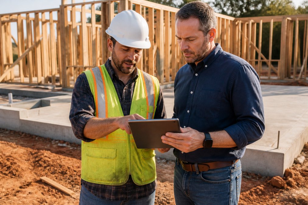 A construction site manager and a lender reviewing a draw schedule document on a tablet at a residential build site, with wood framing and a poured foundation visible in the background under afternoon light