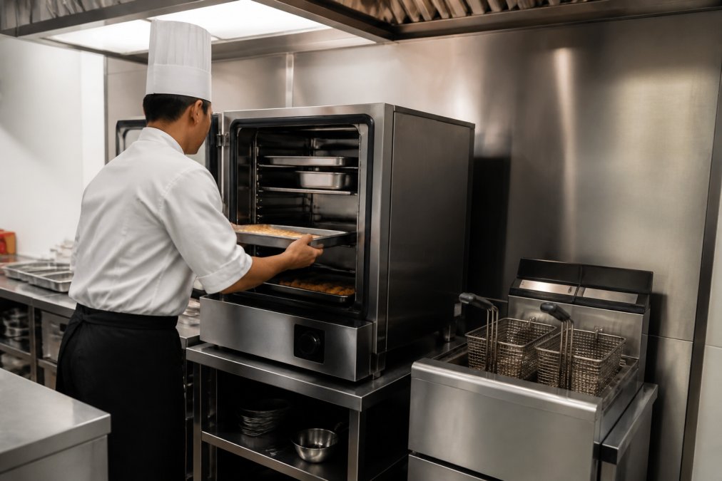 A chef in a white coat loading trays into a stainless steel ventless oven in a compact commercial kitchen, with a ventless fryer beside it under bright overhead lighting