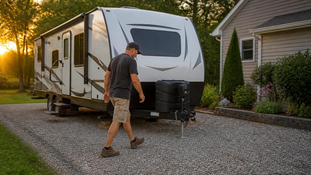 A travel trailer parked on a gravel pad beside a suburban house at golden hour, with the owner walking around the tongue checking the hitch