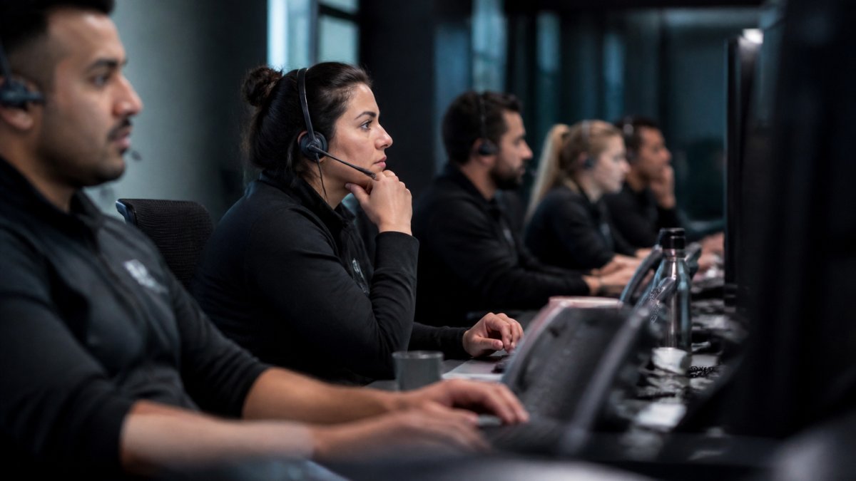 Security team of analysts monitoring multiple screens displaying real-time threat alerts and network traffic data in a modern SOC environment with blue-tinted lighting