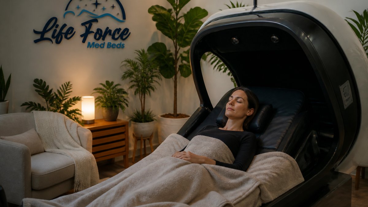 Person relaxing in a wellness environment with soft lighting, surrounded by calming elements like plants and comfortable seating, suggesting a personalized home-based wellness session