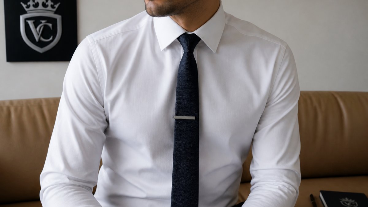 Professional man in crisp white dress shirt wearing a tie bar positioned horizontally across his necktie, showing refined placement and how the bar holds the tie securely without visible gripping mechanism