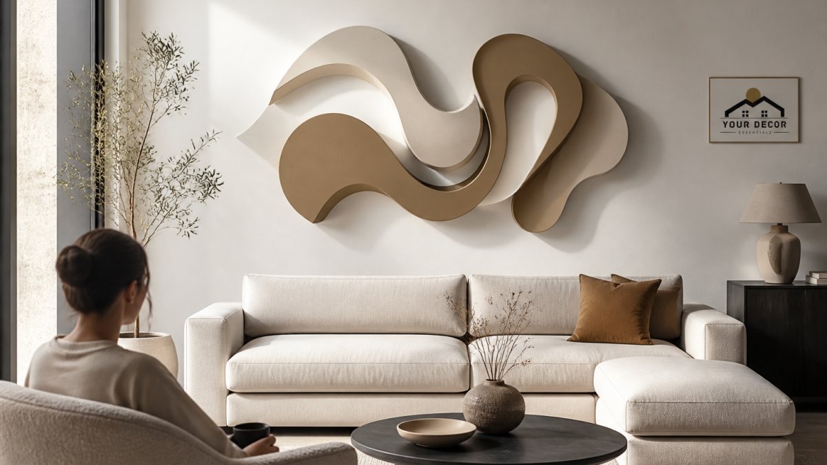 A modern living room with a large abstract resin sculpture mounted on a white wall above a minimalist sofa, soft natural light highlighting the texture and shadows of the piece