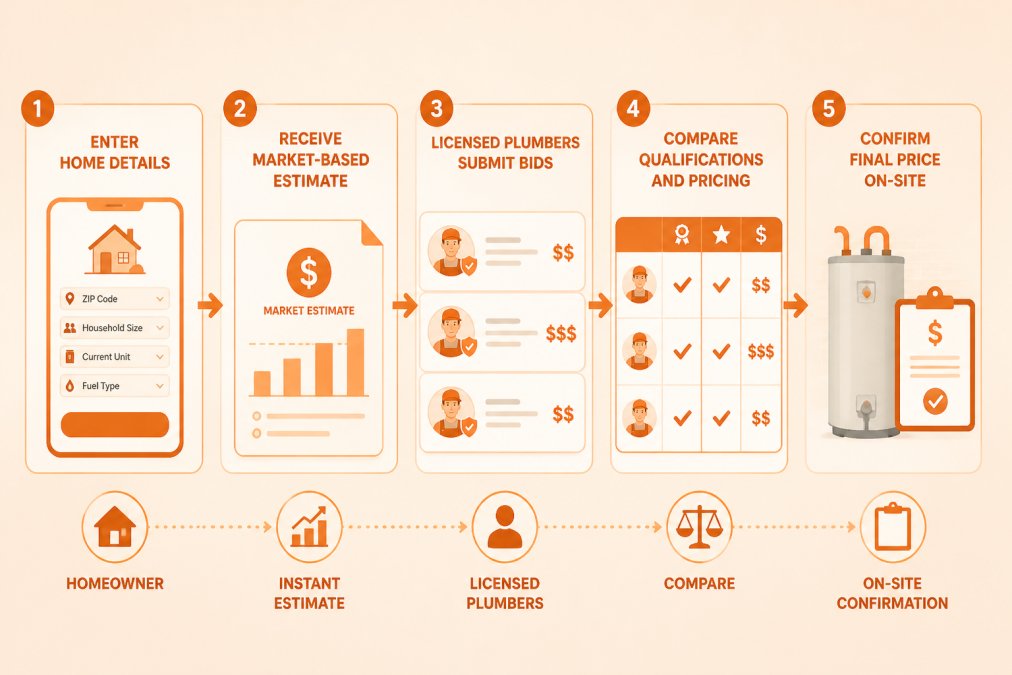 Flowchart showing instant estimate process: enter home details → receive market-based estimate → licensed plumbers submit bids → compare qualifications and pricing → confirm final price on-site