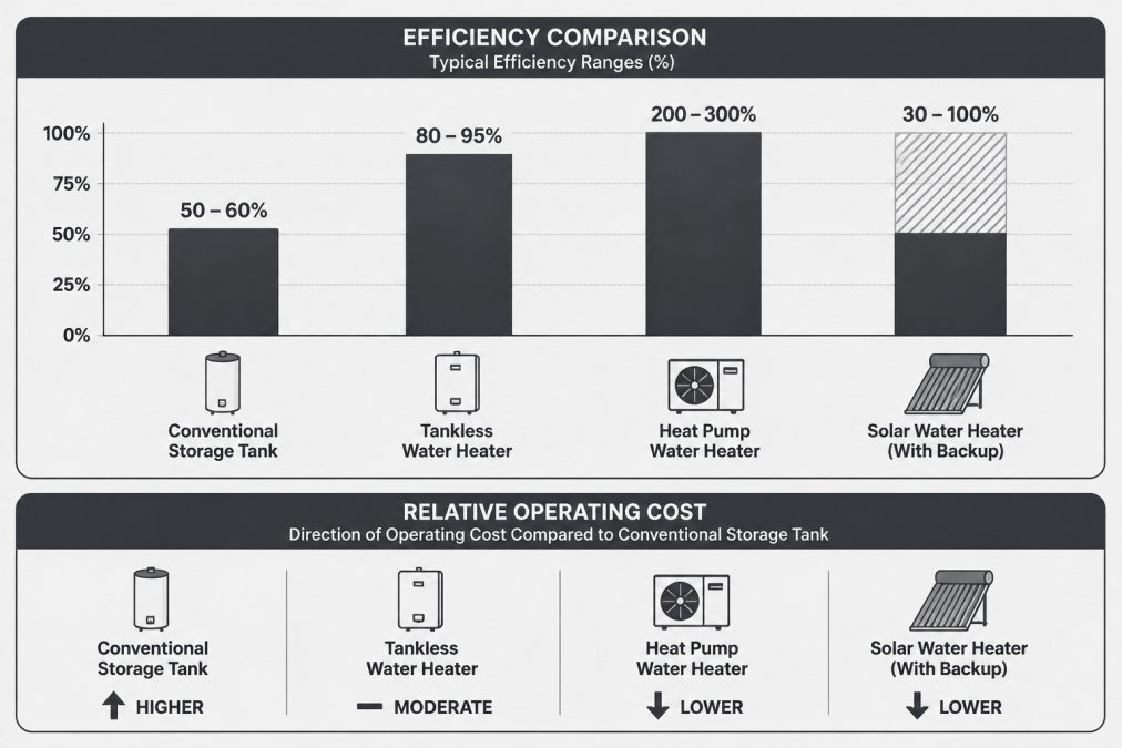 Bar chart comparing efficiency and costs of alternatives to traditional water heaters for efficiency.