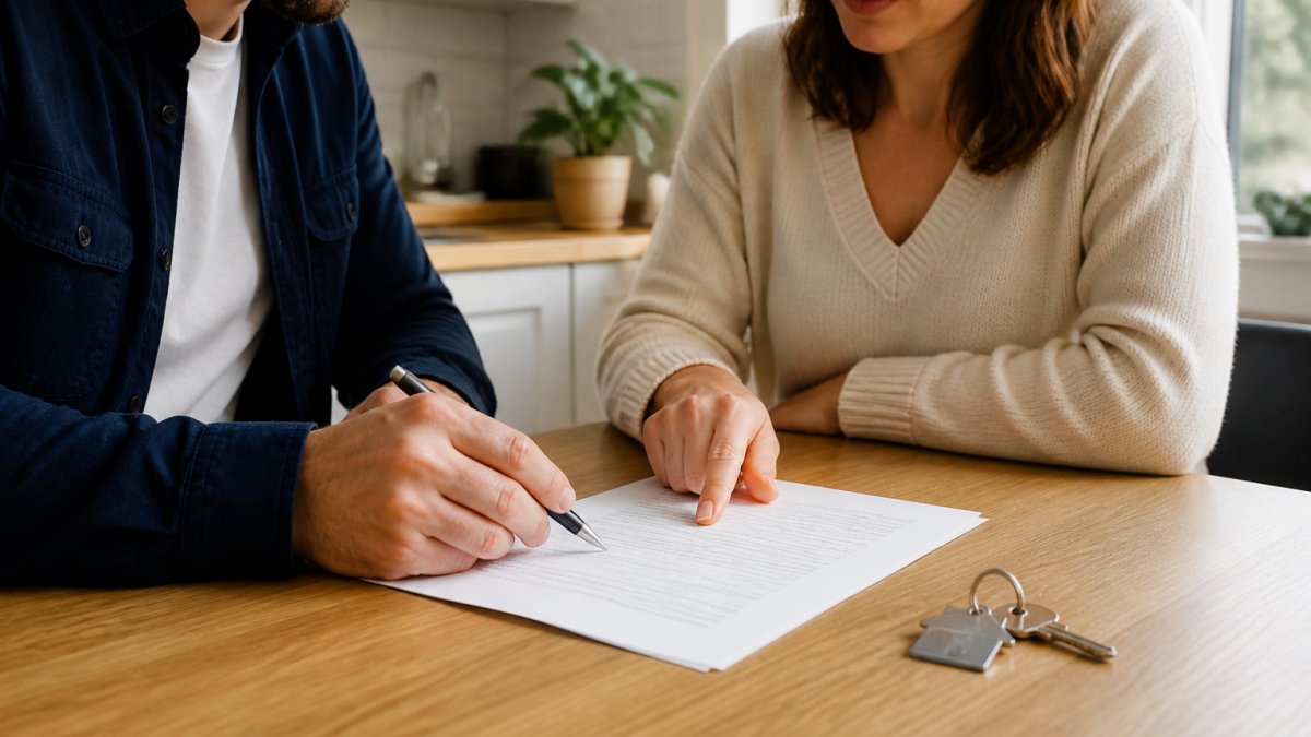 A close-up of two people reviewing property documents together at a kitchen table, with a house key and a pen visible, suggesting a discussion about sharing ownership