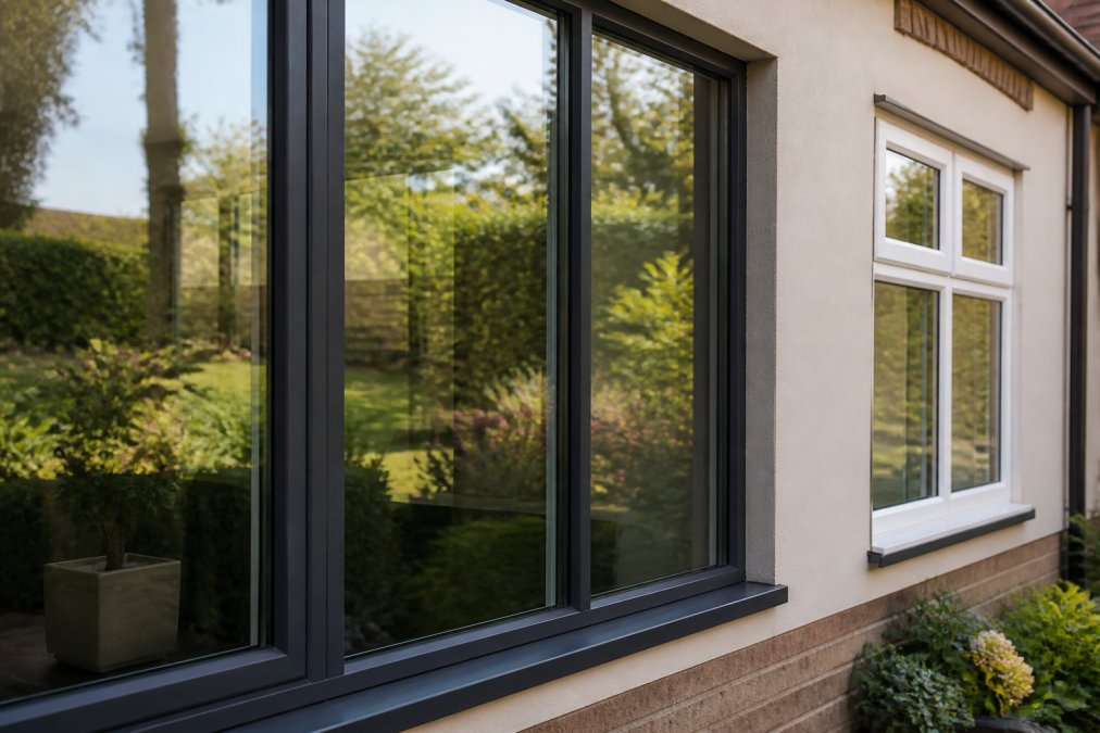 Close-up photograph of a modern home exterior showing a large slimline aluminium window frame with garden view, a standard white uPVC window visible to one side, soft afternoon light