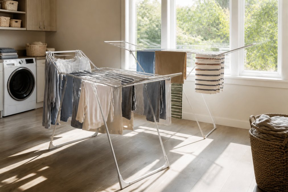 Professional laundry room with clothes hanging on multiple freestanding drying racks positioned near a window, showing natural light streaming across the space and garments arranged for optimal air circulation