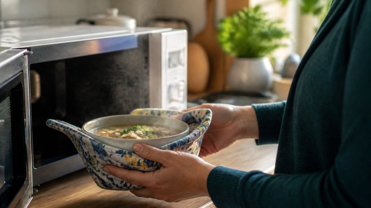 Close-up of hands lifting a steaming bowl of soup out of a microwave using a patterned cotton bowl cozy, cozy kitchen background with warm lighting