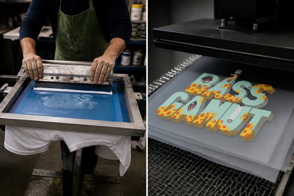 Close-up of a technician positioning a mesh screen over white cotton fabric, applying squeegee with controlled pressure to transfer ink in a professional print shop with overhead lighting
