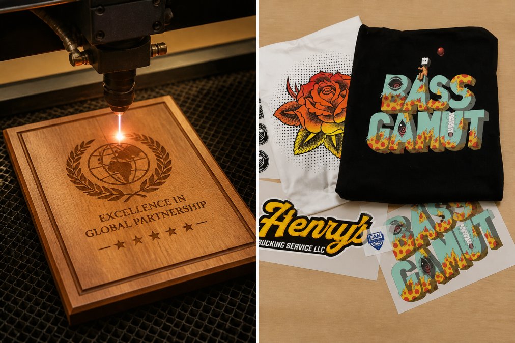 A laser engraver in operation, precisely engraving a detailed corporate logo onto a wooden award plaque, with the laser beam visible and fine detail marks on the wood surface under workshop lighting
