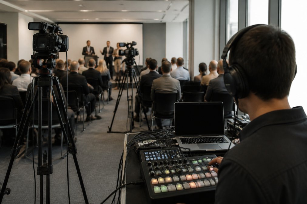 A corporate production team operating a multi-camera live stream setup in a modern conference room, with a technician monitoring a laptop running streaming software and a vision mixer in the foreground