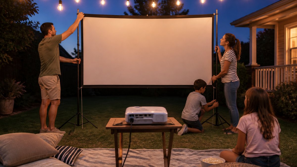 A family setting up a portable projector screen in a backyard at dusk, with a projector on a small table and string lights overhead, preparing for an outdoor movie night