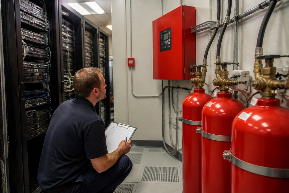 Technician inspecting clean agent cylinders in a server room as an alternative to water-based fire suppression.