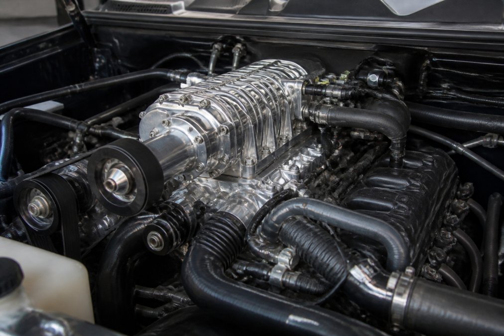 Clean engine bay with a polished twin-screw supercharger unit mounted on a Toyota Tundra V8, aluminum brackets bolted to factory mounting points, bright workshop lighting