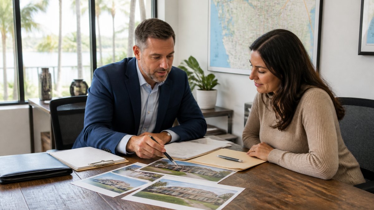 Professional real estate agent and home buyer sitting at wooden desk reviewing property listings and documents together in bright, modern office with large windows and local market maps on walls