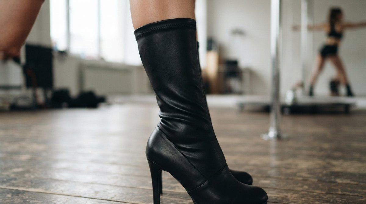 Close-up of a woman's leg showing a black stretch boot sleeve pulled over a heel, demonstrating the seamless fit and professional appearance without visible gaps or bunching
