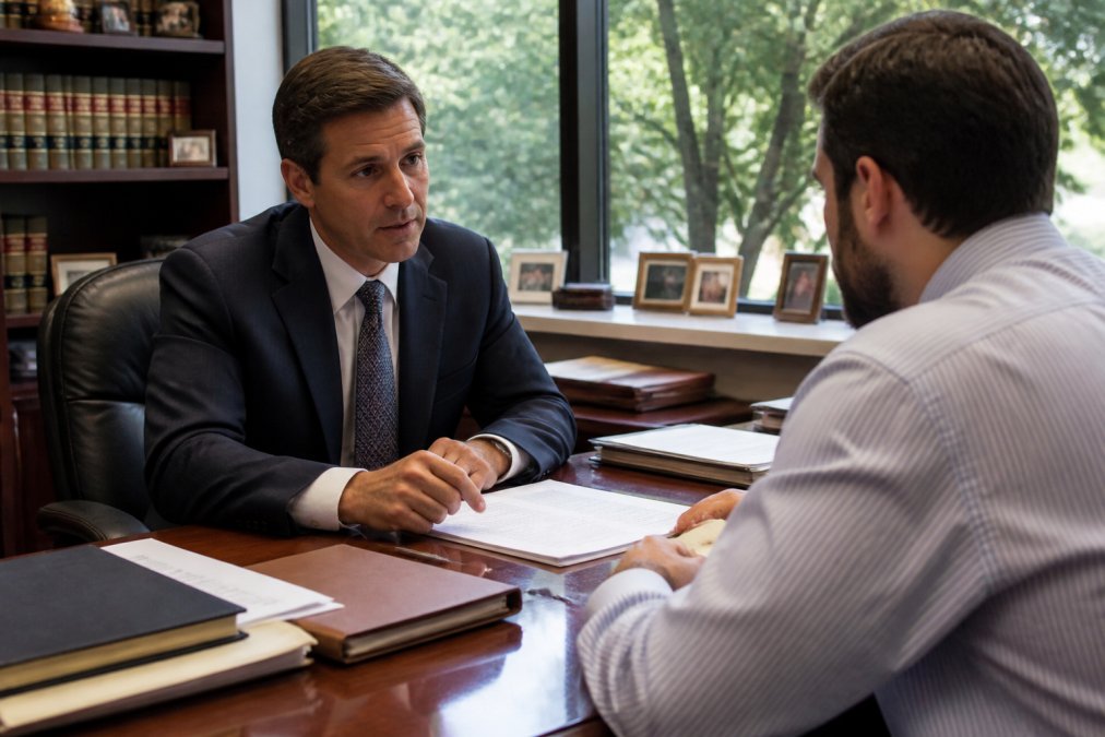 Professional attorney in business suit meeting with client across desk in law office, legal documents and case files visible, natural light from windows, serious consultation atmosphere