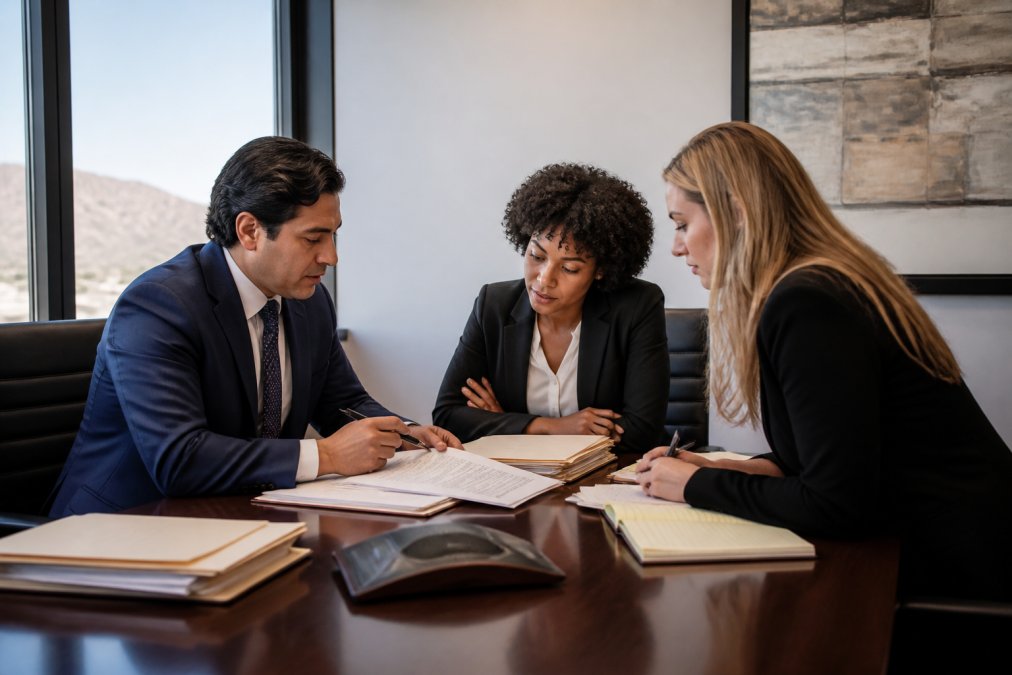 Diverse legal team of three attorneys reviewing case files together at conference table in modern law office, Arizona or New Mexico setting, professional collaborative atmosphere