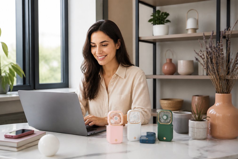 Young professional woman shopping on laptop at home office desk with trendy home decor items, gadgets, and lifestyle products visible on shelves behind her, natural window lighting