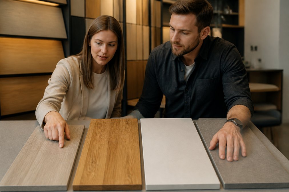 Srovnání materiálů jako alternativy ke kamenným deskám: dřevo, laminát a keramika vedle sebe.