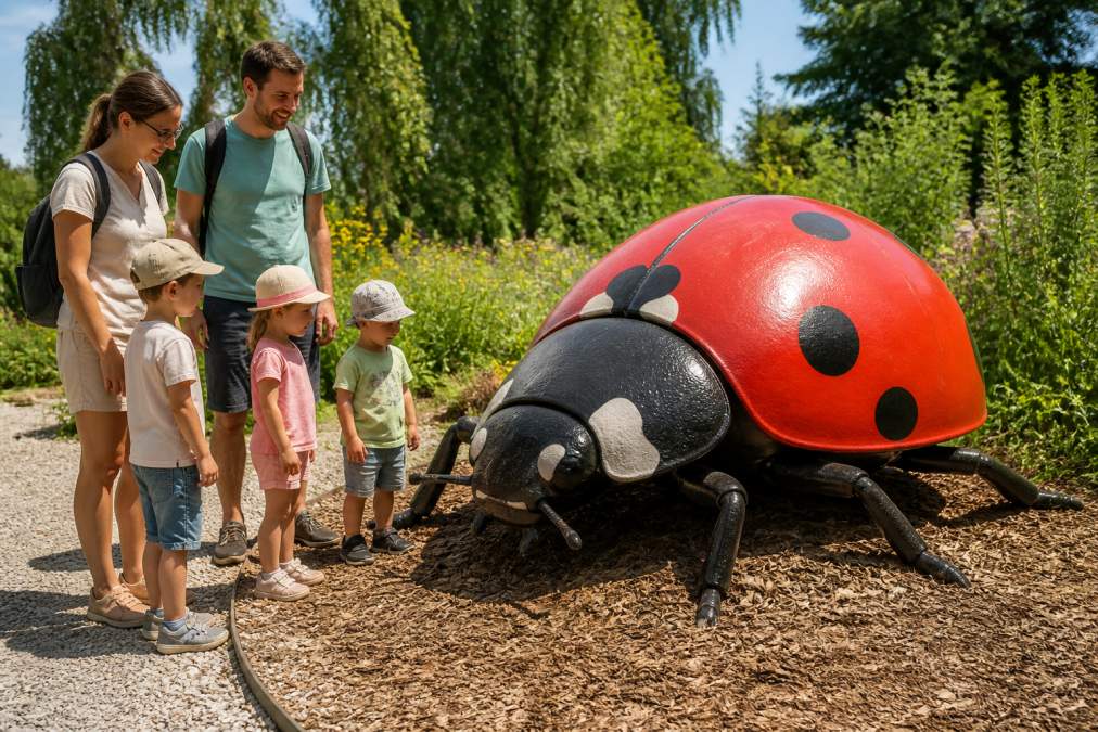 Rodzina z dziećmi w wieku przedszkolnym oglądająca wielkoformatowy, realistyczny model biedronki na ścieżce edukacyjnej w słoneczny dzień, w otoczeniu zieleni i ogrodu