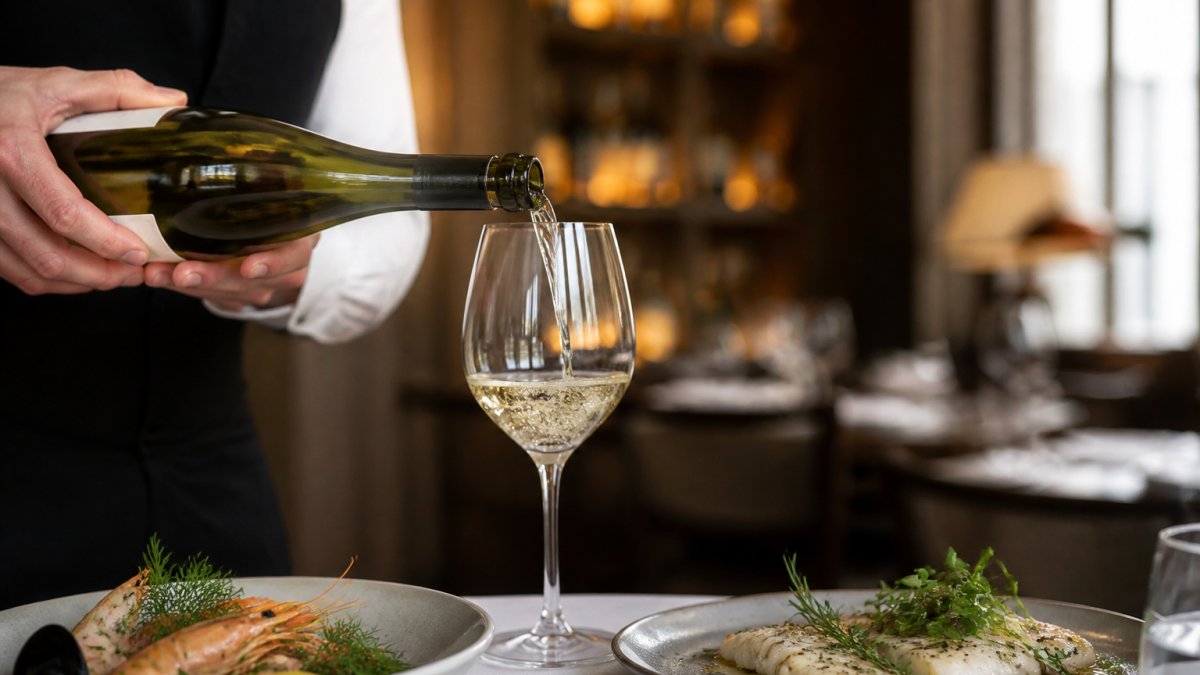 Sommelier pouring chilled Alto Adige white wine into a crystal glass at a restaurant table with fresh seafood, white fish, and herb garnishes visible in warm ambient lighting