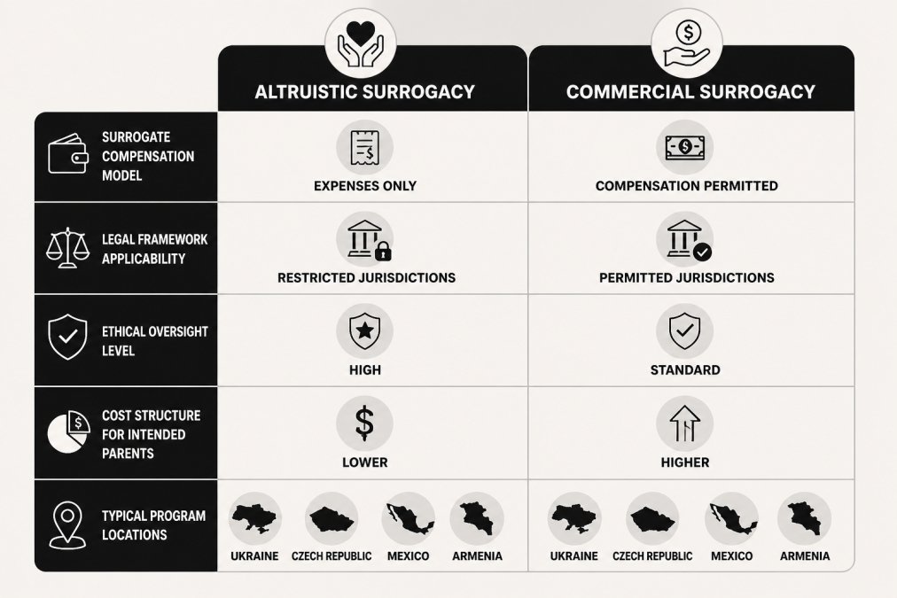 Comparison matrix showing altruistic vs commercial surrogacy across dimensions: surrogate compensation model (expenses only vs compensation permitted), legal framework applicability (restricted vs permitted jurisdictions), ethical oversight level (high vs standard), cost structure for Intended Parents (lower vs higher), and typical program locations (Ukraine, Czech Republic, Mexico, Armenia)