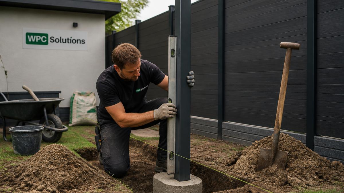 Professioneel die een aluminium schuttingpaal in een betonvoet plaatst in achtertuin, met gereedschap, grondwerk en voorbereiding zichtbaar