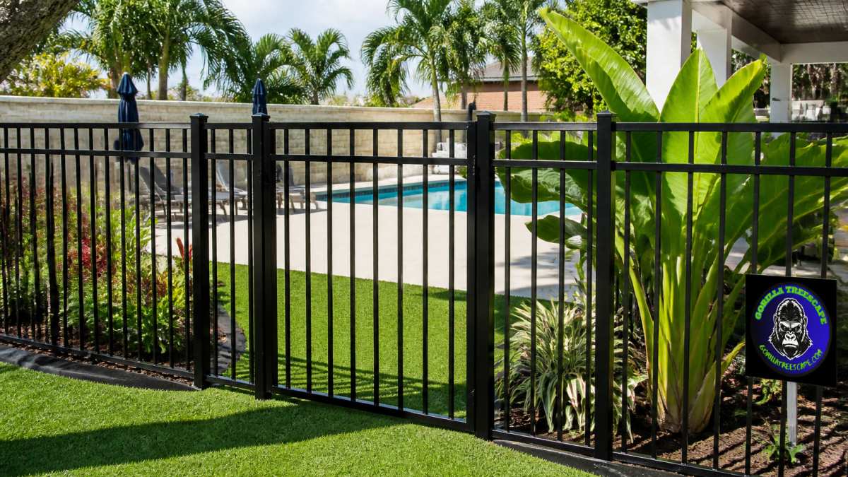 A black aluminum flat-top fence with a matching gate enclosing a lush backyard with tropical plants and a pool in the background, bright sunny day