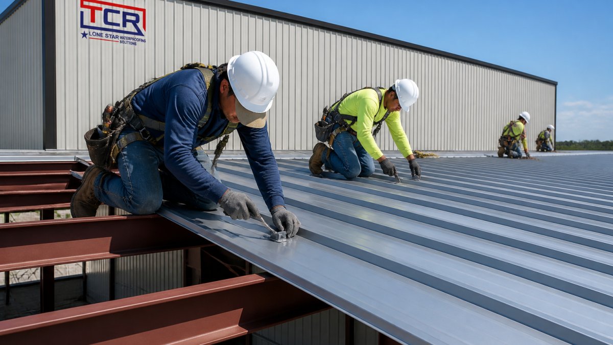 Professional crew installing aluminum metal roofing panels on a commercial warehouse, showing workers securing standing-seam panels with visible metal fastening system and warehouse structure below