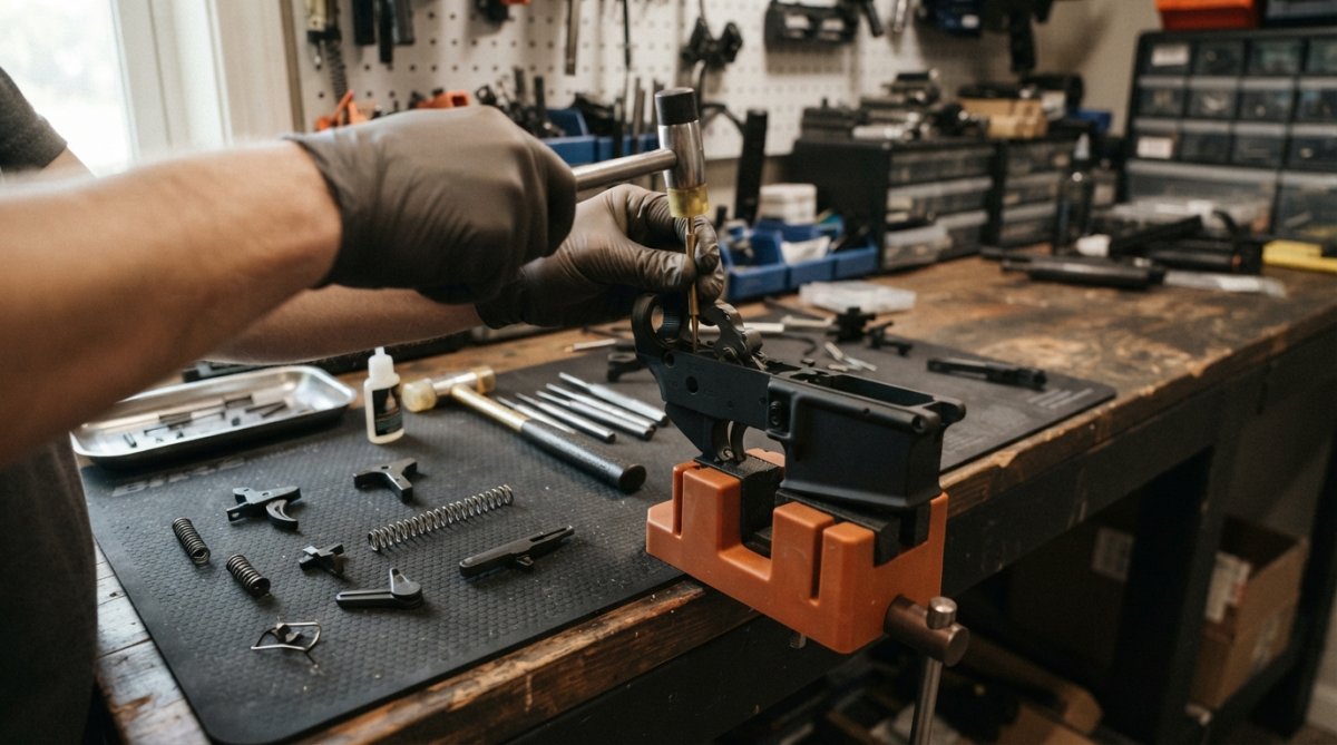 Hands carefully installing fire control group components into an MKE lower receiver, with trigger assembly, hammer pin, and safety selector laid out on a clean work surface with proper assembly tools visible
