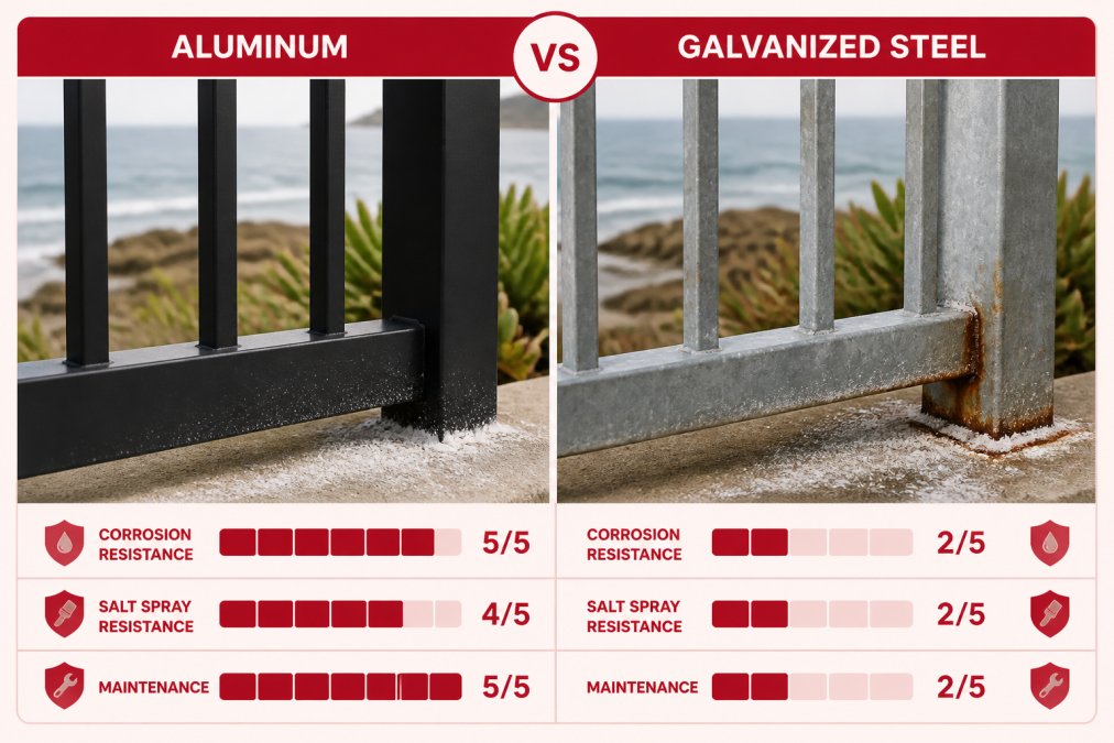Close-up photograph of two fence panels side by side in a coastal setting, one aluminum and one galvanized steel, showing visible differences in surface finish and early salt spray residue near the base