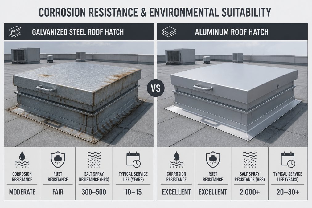 Close-up of galvanized steel and aluminum roof hatch samples mounted side-by-side on a commercial rooftop, showing weathering and surface condition in bright daylight