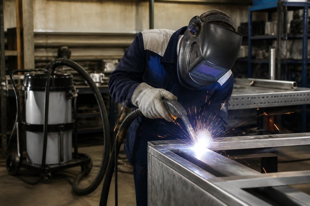 Welder using a MIG gun with fume extraction to maintain aluminum welding safety in a professional shop