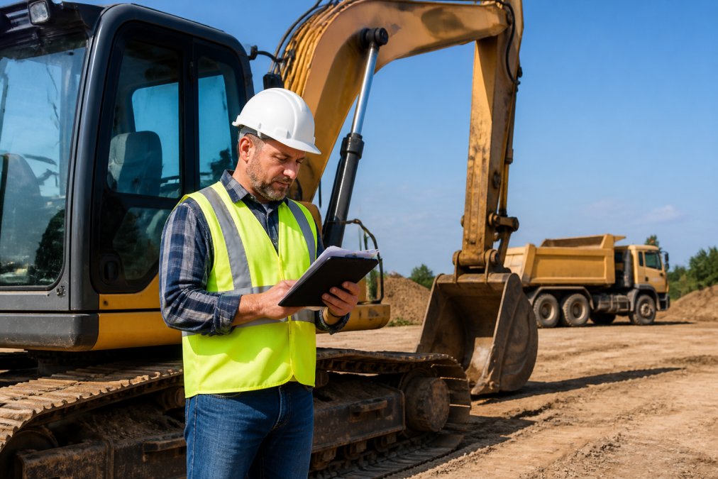 A construction site manager in a hard hat and safety vest reviewing financing paperwork on a tablet next to a yellow excavator, with a dump truck in the background under a clear blue sky