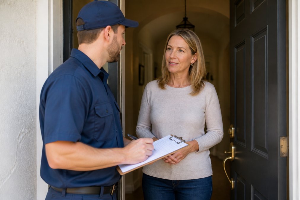 Professional plumber in uniform at residential front door with clipboard, discussing service details with homeowner in afternoon natural lighting