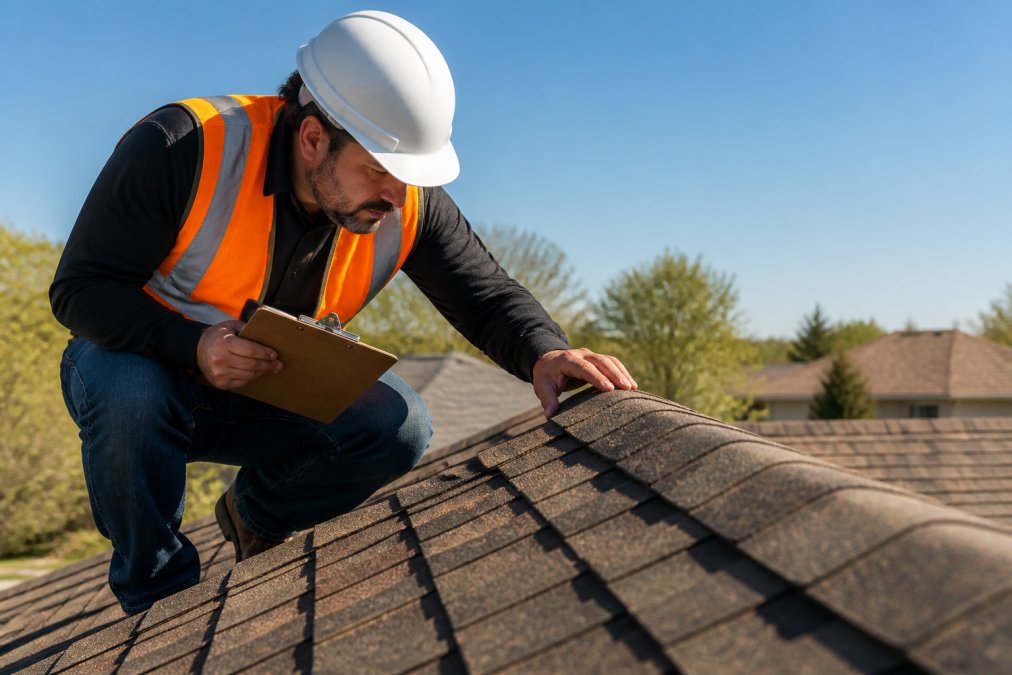 A licensed roofing contractor in a hard hat and bright orange safety vest inspecting a residential shingle roof on a clear sunny day, holding a clipboard and examining the ridge line closely