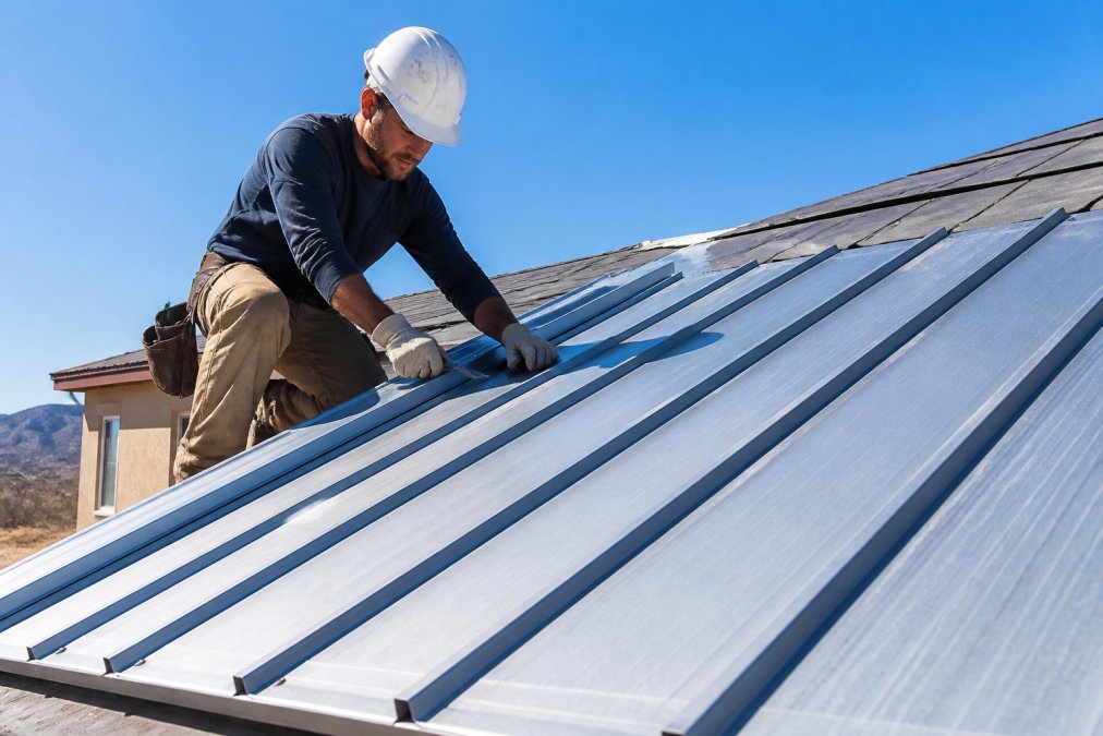 A worker in a hard hat and work gloves installing a standing-seam metal roofing panel on a residential home, with bright midday sunlight reflecting sharply off the silver surface and a clear blue sky in the background