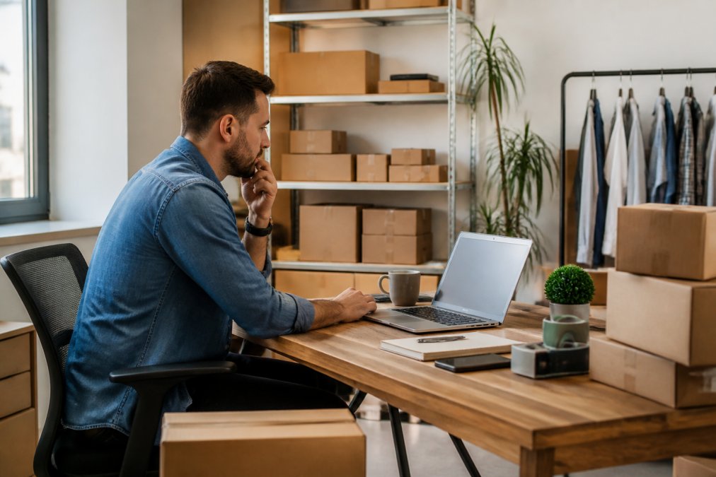 E-commerce business owner reviewing product listings on dual monitors displaying inventory management dashboard with real-time stock levels, pricing tiers, and order data across multiple Amazon EU marketplaces