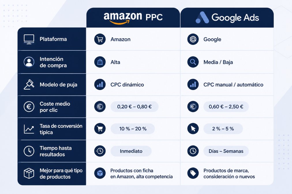 Matriz de comparación con filas: plataforma, intención de compra, modelo de puja, coste medio por clic, tasa de conversión típica, tiempo hasta resultados, mejor para qué tipo de productos, mostrando diferencias visuales entre Amazon PPC y Google Ads