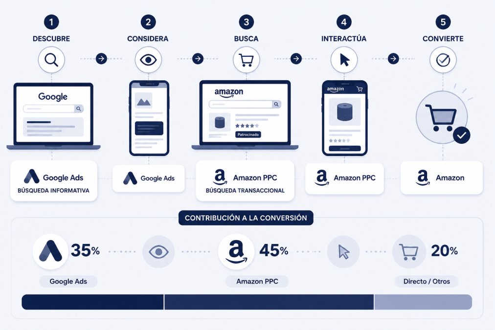 Flujo de atribución multicanal mostrando cómo un cliente interactúa primero con Google Ads (búsqueda informativa), luego con Amazon PPC (búsqueda transaccional), hasta la conversión final, con porcentajes de contribución de cada canal
