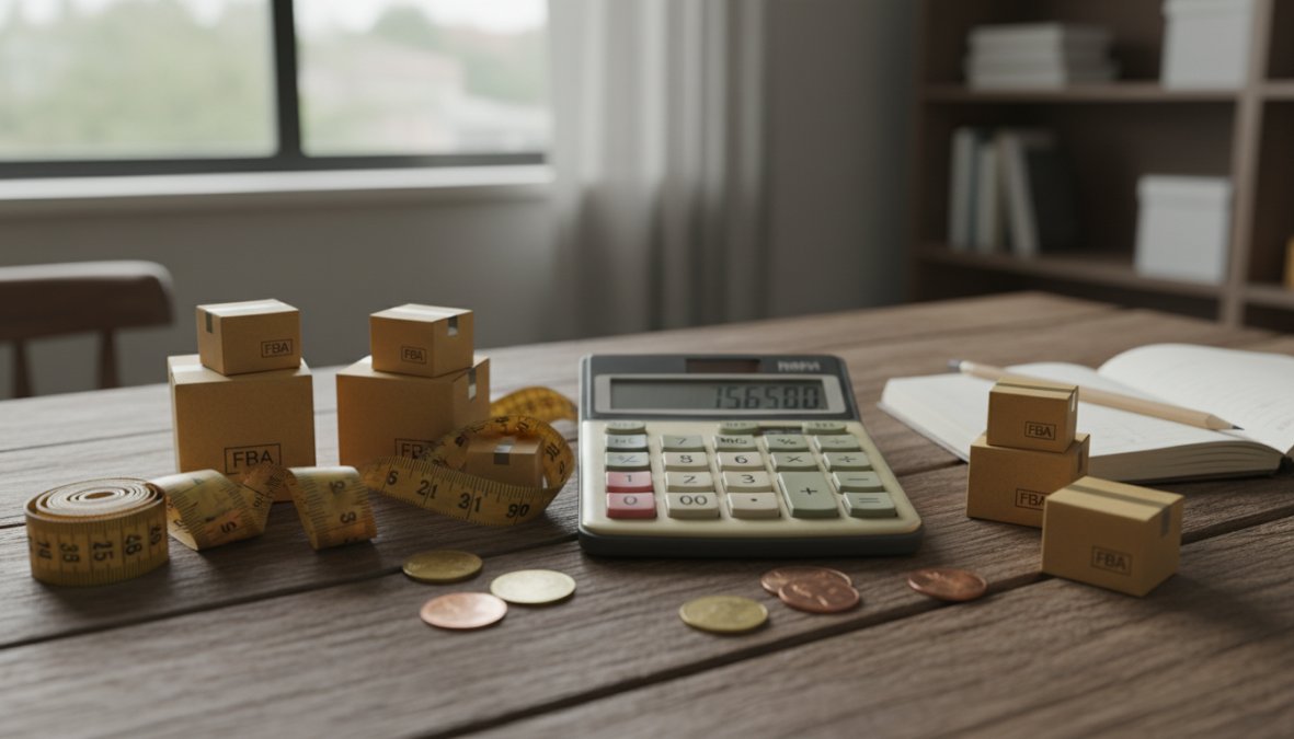 Close-up of hands measuring a small product box with a tape measure on a wooden desk, packaging materials and a laptop visible in the background, warm natural light