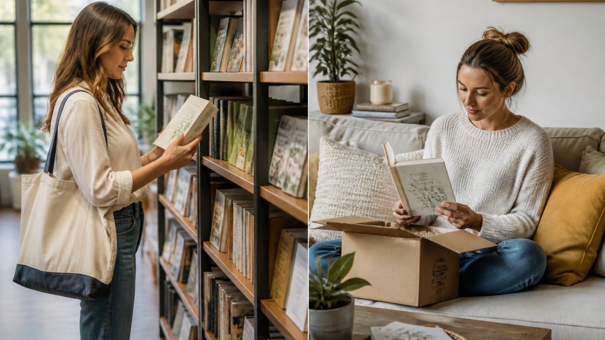 Customer browsing books on shelves in a bright bookstore, holding a book and examining the cover with natural lighting