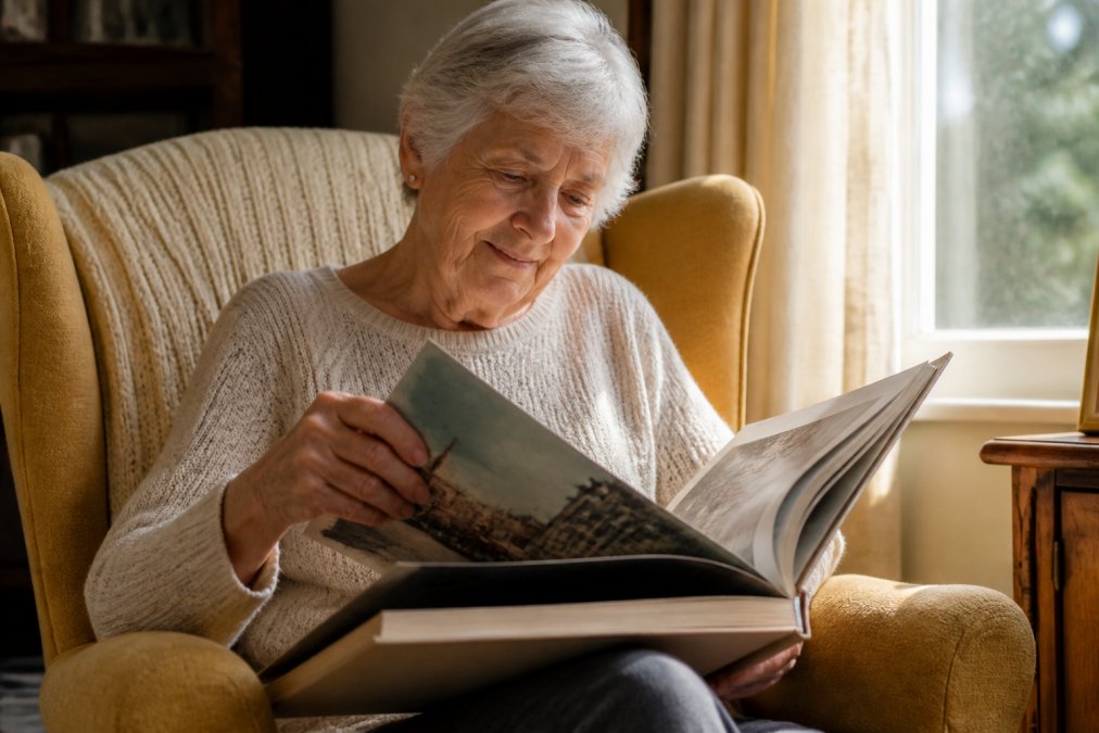 An elderly woman smiling gently while turning the large pages of a nostalgic picture book, seated in a comfortable armchair with warm afternoon light streaming through a nearby window