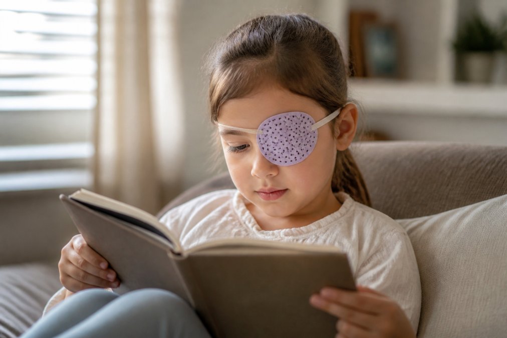 Child wearing an adhesive eye patch on stronger eye while reading a book or engaging in a close-up activity in natural home lighting