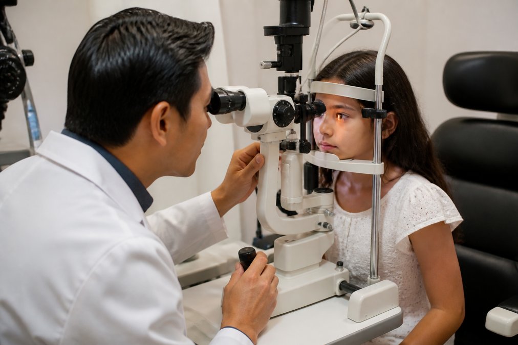 Ophthalmologist examining patient's eye alignment using specialized diagnostic equipment and slit lamp in modern clinical examination room with soft overhead lighting